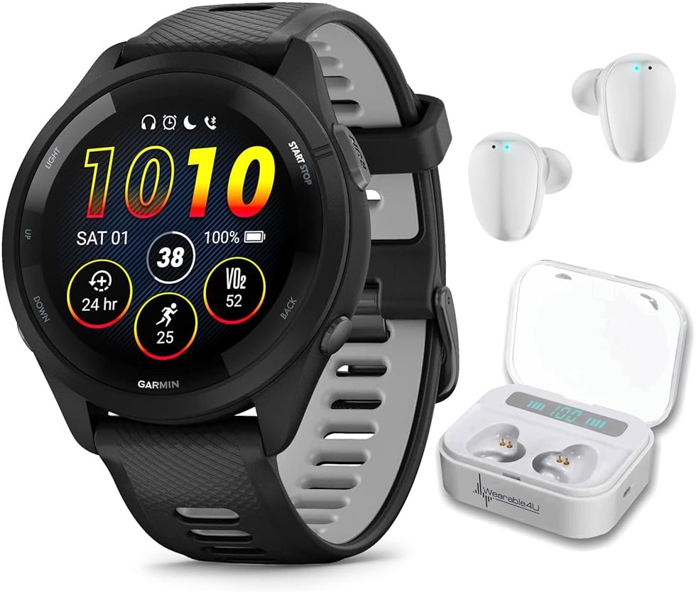 Wearable4U Garmin Forerunner 265 Music GPS Running 46 mm Smartwatch, Black with AMOLED 1.3 in Touchscreen Display White Earbuds Bundle, Black +Wht EarBuds - Product Image