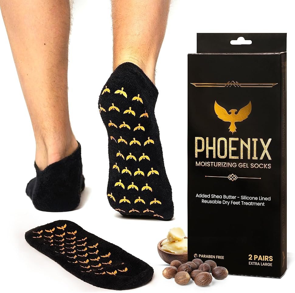 Phoenix Foot Peel Moisturizing Gel Socks for Men - Extra Large 2 Pairs - Silicone Heel Socks, Cracked Heel Treatment, Reusable Spa Socks with Shea Butter for Dry Skin & Foot Care - Product Image