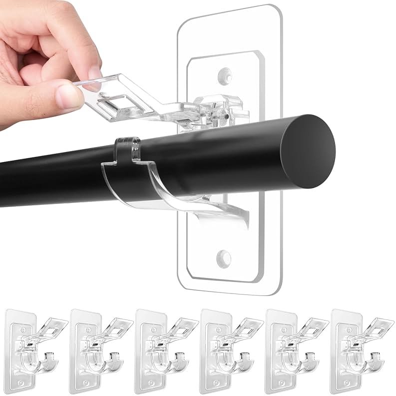 Antimbee 6-Pack No Drill Needed Curtain Rod Holders, Self Adhesive Rod Brackets, Multipurpose Nail-Free Stick on Curtain Rod Hooks Hangers for Dorm, Kitchen, Home, Bathroom, Transparent - Product Image
