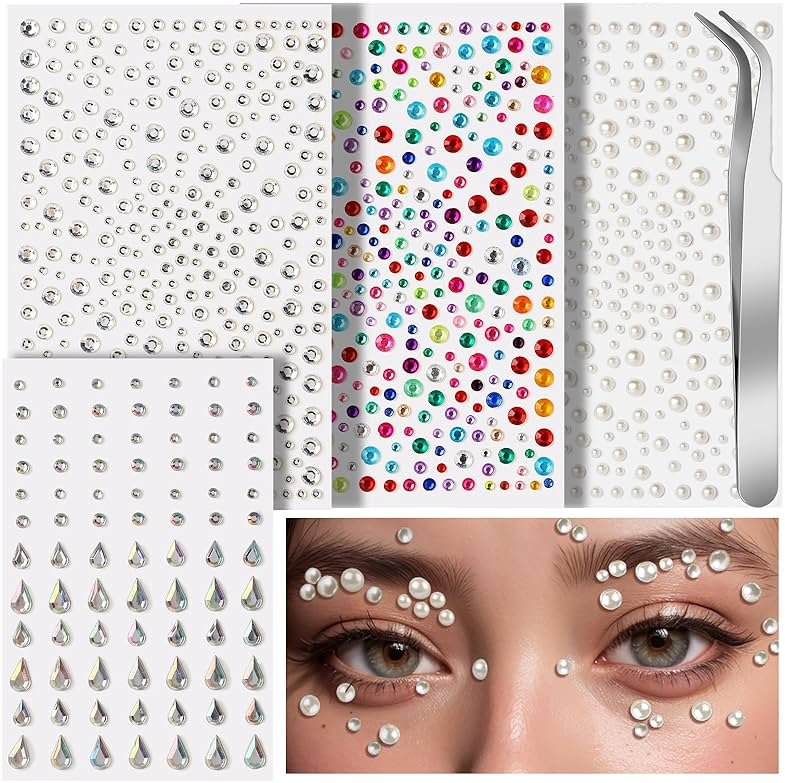 Teenitor Face Gems Self Adhesive Face Gems and Pearls for Makeup, Festival Jewels for Halloween Rave Accessories Hair Gems, Rhinestone Stickers for Face, Eye, Makeup, Body - Product Image
