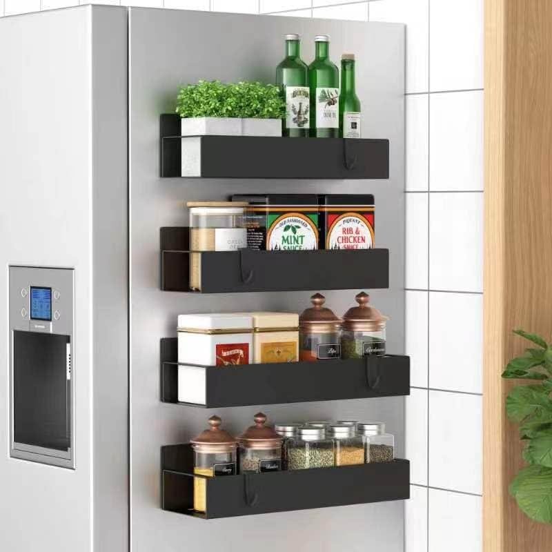 HuggieGems Metal 4 Pack Magnetic Spice Storage Rack Organizer for Refrigerator and Oven, Black Fridge Organizers and Storage, Metal - Product Image