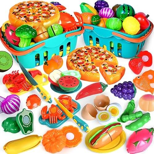 100 PCS Cutting Play Food Toy for Kids Kitchen, Pretend Food Toys for Toddlers, Play Kitchen Toys Accessories with 2 Baskets, Fake Food/Fruit/Vegetable, Birthday Gifts for 3 4 5 Years Old Boys Girls - Product Image