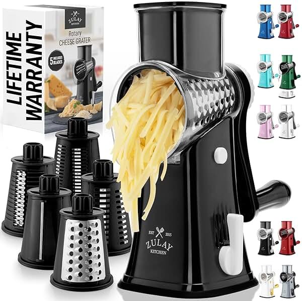 Zulay Kitchen Rotary Cheese Grater 5 Blade Cheese Shredder - Manual Hand Crank Cheese Grater With Reinforced Suction & 5 Interchangeable Drums - Easy to Use, Vegetable Chopper Round Mandoline Slicer - Product Image
