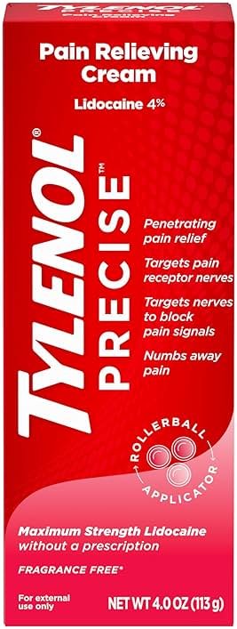 Tylenol Precise Pain Relieving Cream, Maximum Strength 4% Lidocaine Topical Analgesic for Back, Knee & Joint Pain, Penetrating Relief, Non-Sticky, Fragrance Free, No Dyes, 4oz - Product Image