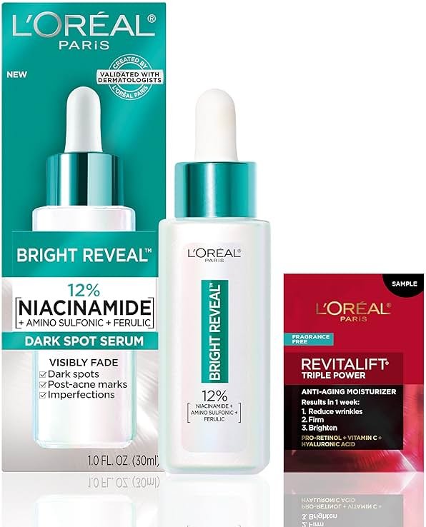 L’Oréal Paris Bright Reveal 12% [Niacinamide + Amino Sulfonic + Ferulic] Dark Spot Serum 1oz + Moisturizer Sample - Product Image