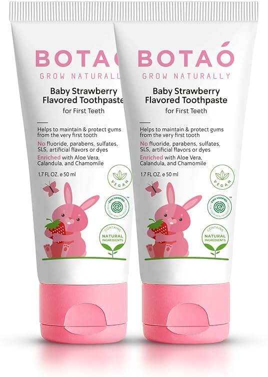 BOTAO Fluoride Free Toddler Toothpaste | Strawberry Flavored - Training Toothpaste for Toddlers | EWG Verified, Vegan, SLS Free, Safe to Swallow, Aloe Vera (2Pack) - Product Image