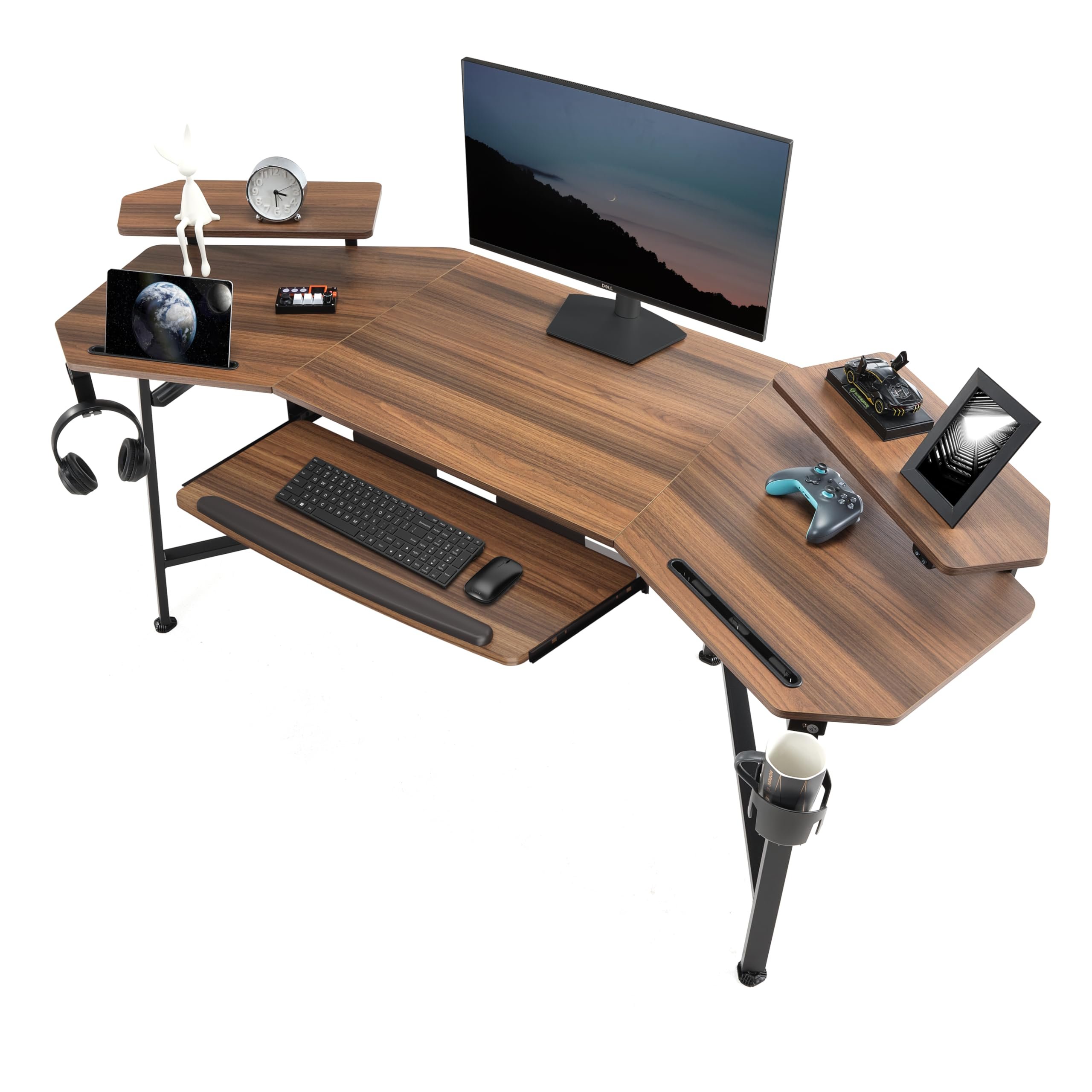 EUREKA ERGONOMIC 72" Gaming Desk W Keyboard Tray, Wing-Shaped Music Studio Desk, Large Computer Table W LED Convertible Monitor Stand Dual Headphone Hanger for Recording Live Streamer, Walnut Wood - Product Image