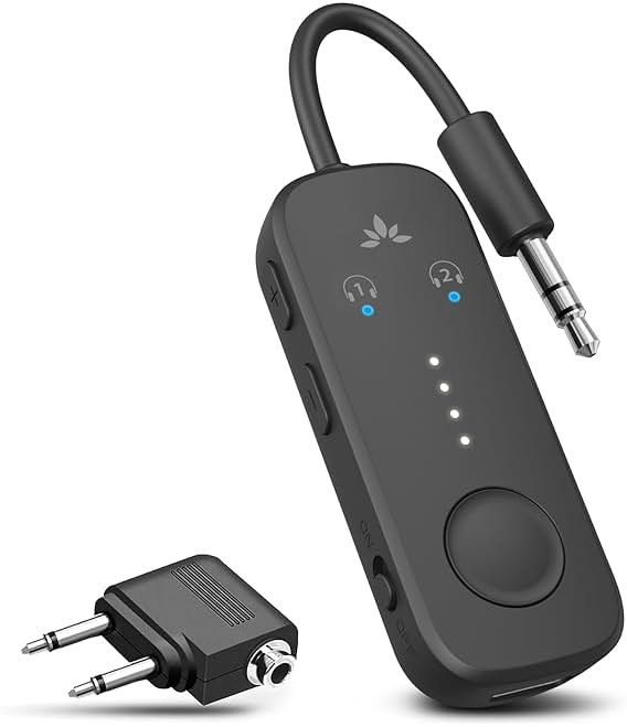 Avantree Relay – Airplane Bluetooth Adapter for 2 AirPods or Headphones | Qualcomm Chipset, 25hrs Play Time, aptX Adaptive & HD Audio, 3.5mm AUX Transmitter for Bose, Flight, Travel & Gym - Product Image