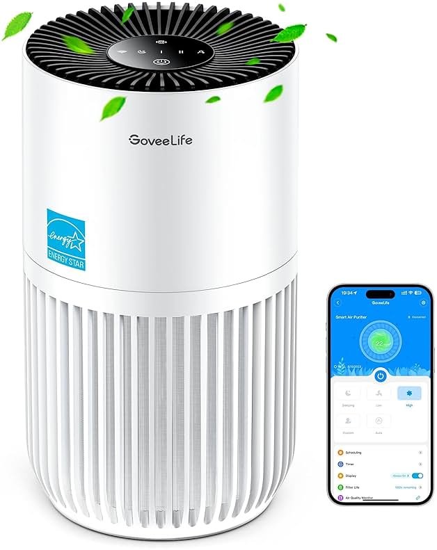GoveeLife Mini Air Purifier for Bedroom, Smart Filter Air Purifier with App Alexa Control for Pet Hair, Odors, Pollen, HEPA Portable Air Cleaner with 3 Speeds, 2 Modes, Timer, Aroma for Home - Product Image