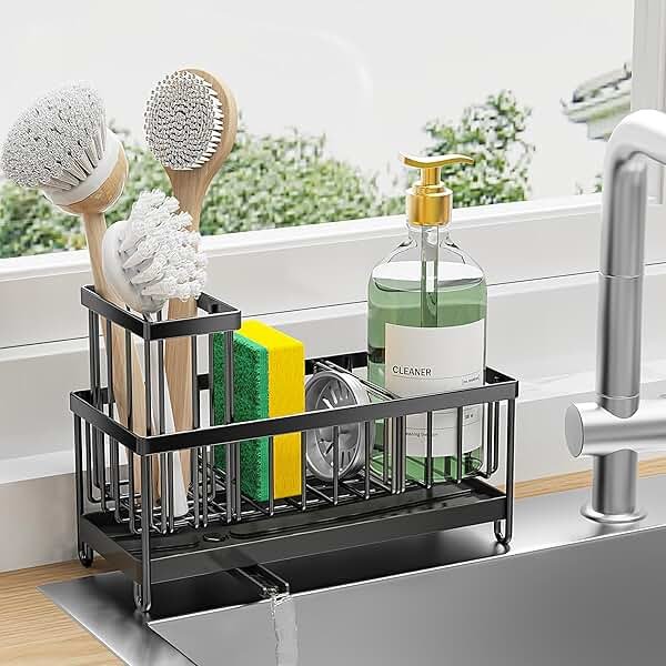 Cisily Sponge Holder for Kitchen Sink, Sink Caddy Organizer with High Brush Holder, Kitchen Countertop Organizers and Storage Essentials, Rustproof 304 Stainless Steel (Black, 9.25″) - Product Image