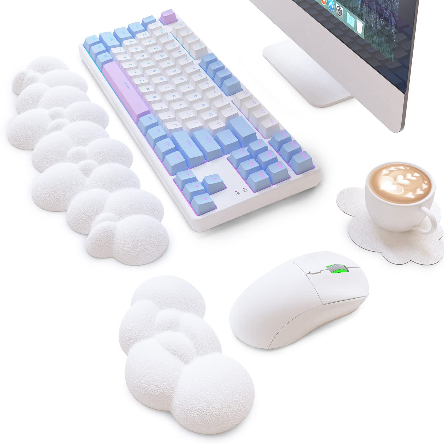 ATTACK SHARK Cloud Mouse Pad Wrist Support and Keyboard Wrist Rest,Ergonomic Design for Typing Pain Relief,Memory Foam Wrist Rest Leather Cup Coaster for Desk,Office,Computer Laptop,Mac(White) - Product Image