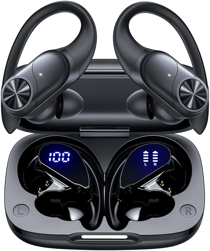 PocBuds Bluetooth Headphones Wireless Earbuds 80hrs Playtime Wireless Charging Case Digital Display Sports Ear Buds with Earhook Deep Bass IPX7 Waterproof Over-Ear Earphones for TV Phone Laptop Black - Product Image