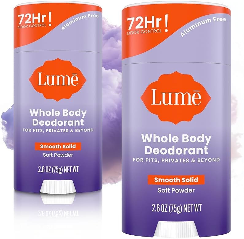 Lume Whole Body Deodorant - Smooth Solid Stick - 72 Hour Odor Control - Aluminum Free, Baking Soda Free and Skin Safe - 2.6 Ounce (Pack of 2) (Soft Powder) - Product Image