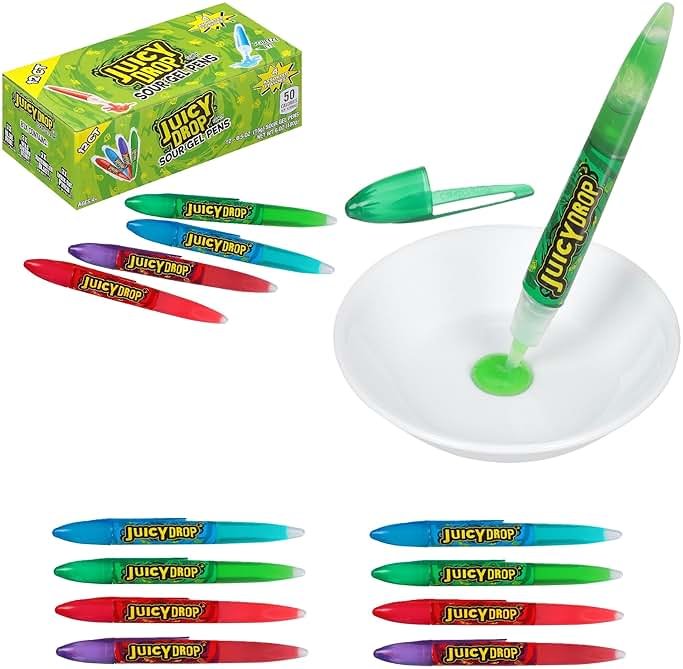 Juicy Drop Sour Candy Gel Pen, 12 Ct Sour Candy Gel Pens in Assorted Fruity Flavors, Full Size, Fun Variety Pack For Party Favors, Birthday Parties, Goodie Bags, Gifts for Kids - Product Image