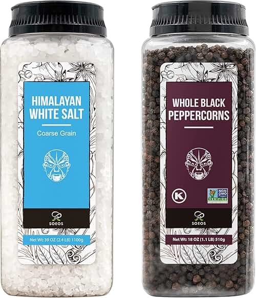 Soeos Himalayan Sea Salt, 39 oz (2.4 lb) + Whole Black Peppercorns, 18oz (1.1 lb) White Himalayan Salt Coarse Grain, Whole Black Peppercorns, White Salt in Grinder, Salt and Pepper Refill - Product Image