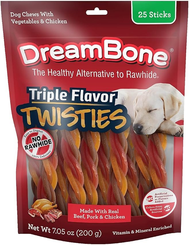 DreamBone Triple Flavor Twisties Dog Treats, Daily Rawhide-Free Chew, Digests Safely, with Real Protein, Beef, Pork, Chicken and Veggies, 25 Count - Product Image