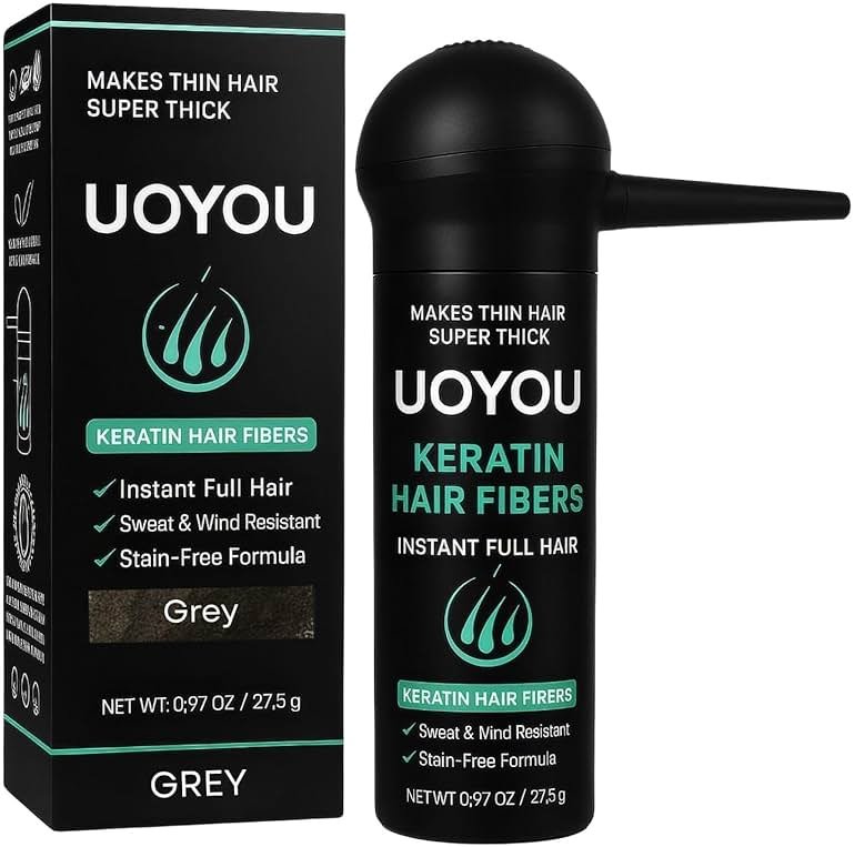 UOYOU GREY Hair Fibers for Thinning Hair 27.5g Bottle with Applicator | Undetectable & Natural Keratin Hair Fibers Concealer for Hair Loss for Men and Women | Hair Building Fibres Powder [GREY] - Product Image