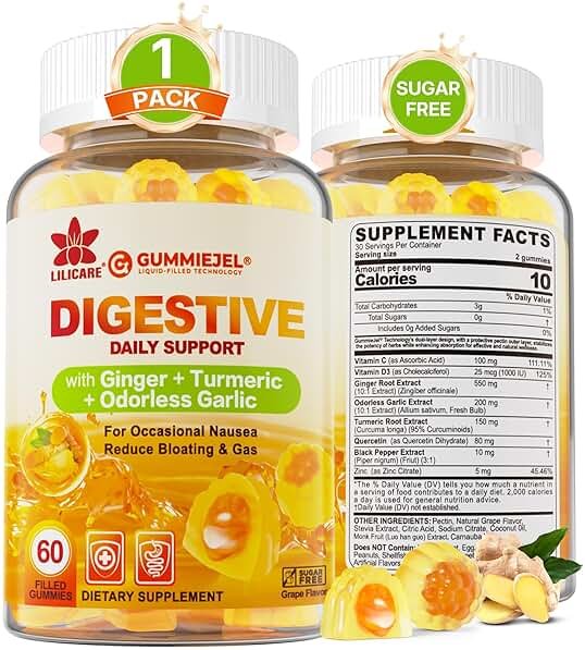 LILICARE Ginger Chews Gummies for Nausea & Digestive Support, Stomach Relief - Sugar Free with Turmeric & Odorless Garlic, Quercetin, Vitamin D3, C, Delicious Digestive Supplements, 60Cts (Pack of 1) - Product Image