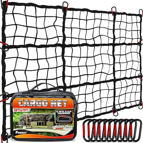 [Premium] 5'x7' Heavy Duty Cargo Net Stretches to 10' x 14', Extra Thick 10mm Cord Bungee Cargo Netting for Pickup Truck Bed, Roof Rack Net & 12 PCS Steel Carabiners - Product Image