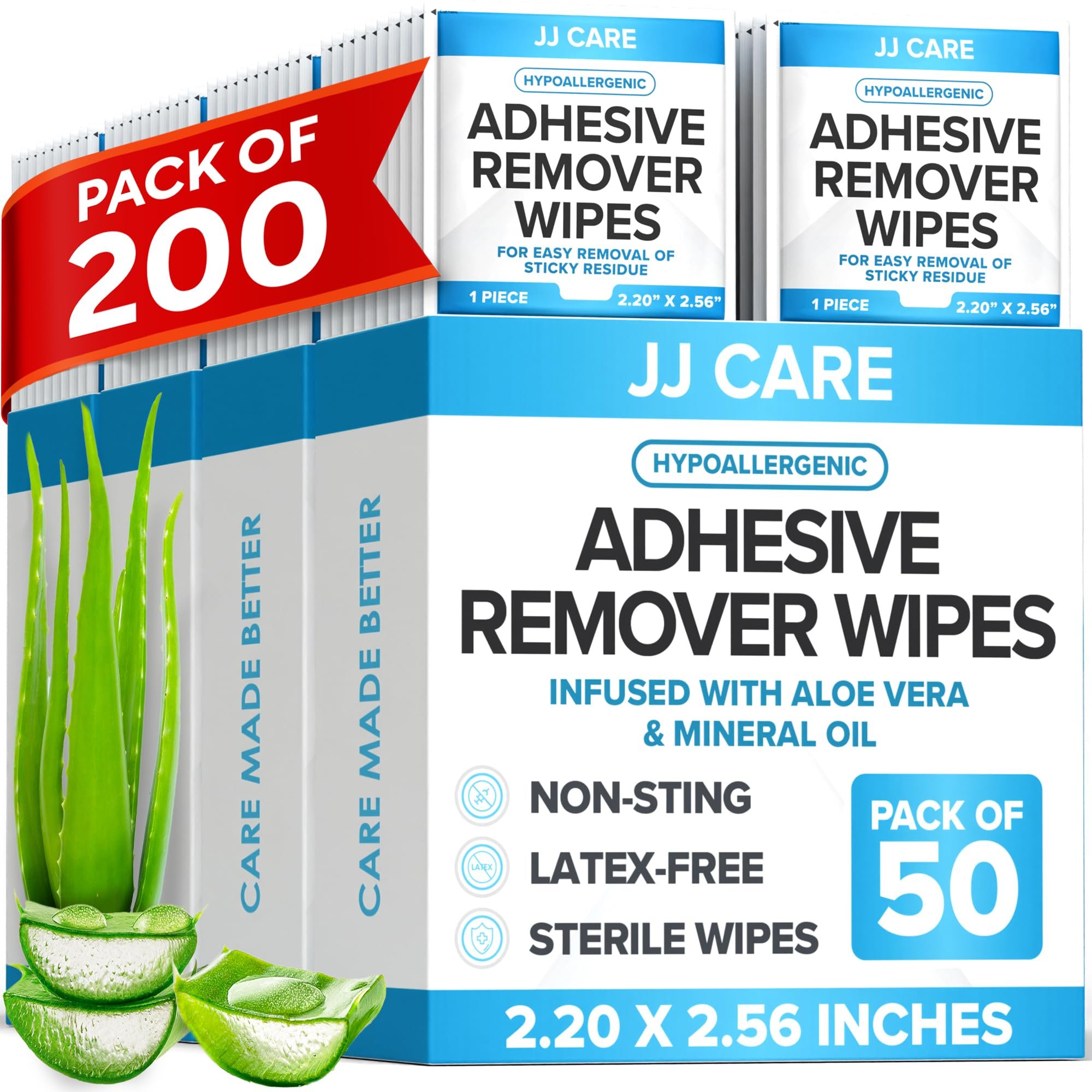 JJ CARE Adhesive Remover Wipes (Pack of 200) 2.2” x 2.56 Inches, Adhesive Remover for Skin, No Sting Medical Adhesive Remover, Ostomy Adhesive Remover for Sensitive Skin - Individually Packed - Product Image
