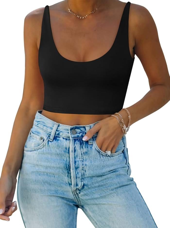 REORIA Butsmooth® Women's Basic Sexy Deep Scoop Neck Double Lined Seamless Sleeveless Cropped Cami Tank Yoga Crop Tops - Product Image