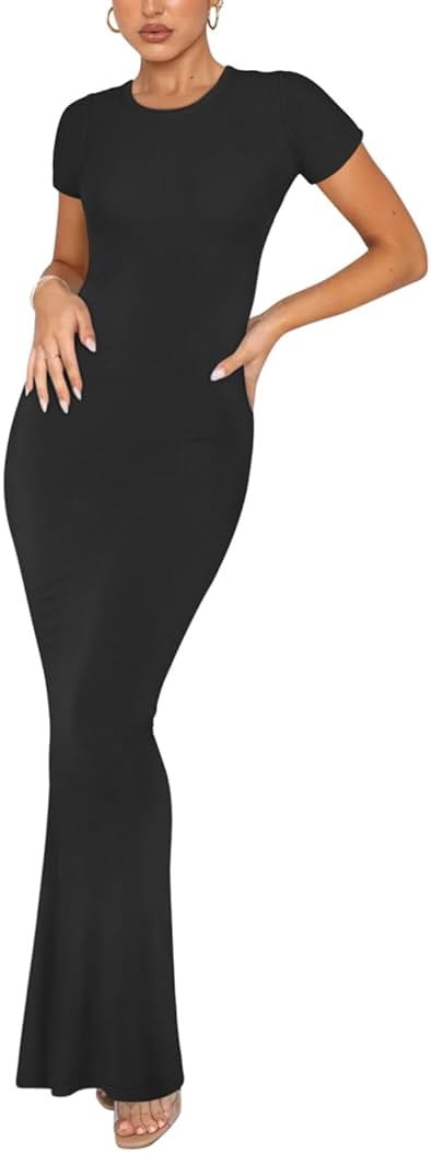 REORIA Women's Basic Summer Casual Lounge Long Dress Elegant Short Sleeve Crew Neck Bodycon Maxi Dresses - Product Image