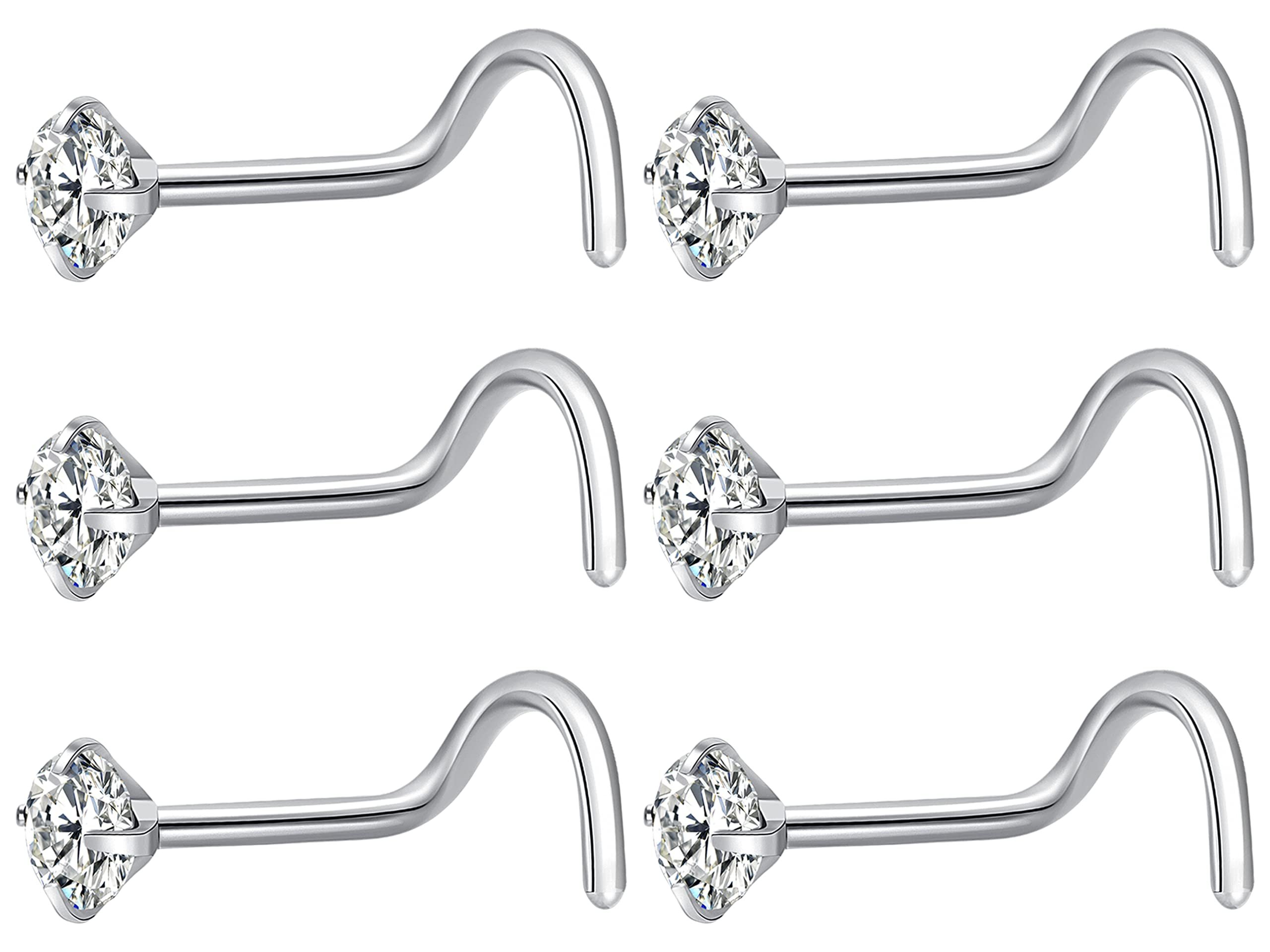 Fzroezz 6Pcs Nose Rings Studs Corkscrew 18 Gauge Nose Piercing Jewelry Real Nose Piercings Surgical Steel 18G Screw Nose Rings Jewelry for Women Men 2mm 2.5mm 3mm CZ Gold Silver Black - Product Image
