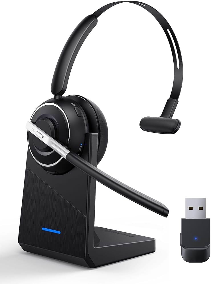 Bluetooth Headset, Wireless Headset with Microphone for PC, V5.2 Computer Headset with Noise Cancelling Mic, USB Dongle, Charging Base & Mute Button for Work, Cell Phones, Computer (Black) - Product Image