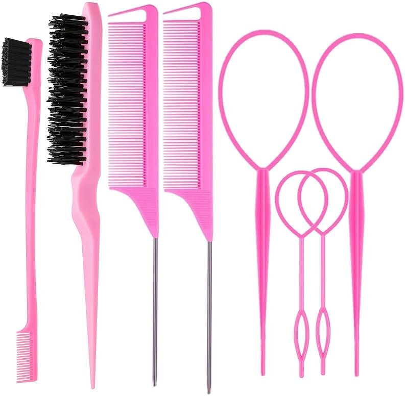 ZVOREI 8Pcs Hair Brushes Set with 4Pcs Topsy Hair Tail Tools 1Pcs Bristle Teasing Hair Brush 1Pcs Edge Control Brush 2Pcs Metal Pin Rat Tail Combs for Woman Girl hair Styling,Edge&Back Brushing,Pink - Product Image