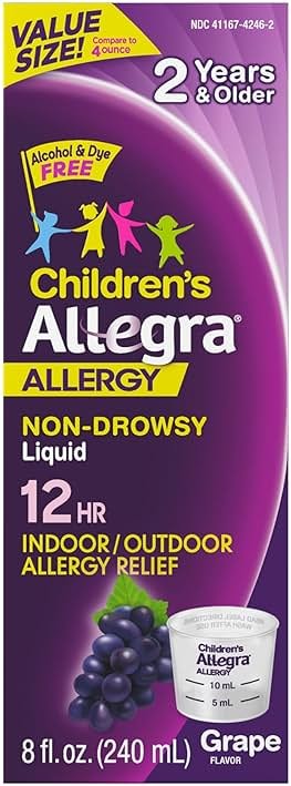 Allegra Children's 12-Hour Allergy Relief Liquid, Non-Drowsy Indoor and Outdoor Allergy Medicine, 30 mg Fexofenadine HCI Antihistamine for Kids, Grape Flavor, 8 oz - Product Image