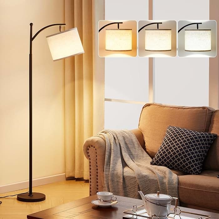 Ambimall Tall Floor Lamps with 3 Color Temperatures Bulb & Adjustable Linen Shade, for Living Room, Bedroom, Office, Classroom, Dorm Room (9W Bulb Included), Beige & Black, 60" - Product Image