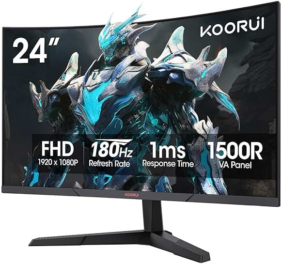KOORUI 24 inch Curved Gaming Monitor 180Hz FHD 1080P Computer Monitor, 1ms 1500R Display, Adaptive Sync, FreeSync Premium, HDMI 2.0X2 & DP 1.2, VESA, Tilt, 24E6CA - Product Image