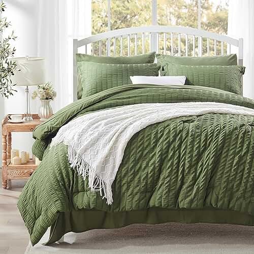 Zzlpp Queen Comforter Set 7 Pieces, Olive Green Seersucker Bed in a Bag with Comforter and Sheets, All Season Bedding Sets with 1 Comforter, 2 Pillow Shams, 2 Pillowcases, 1 Flat Sheet - Product Image