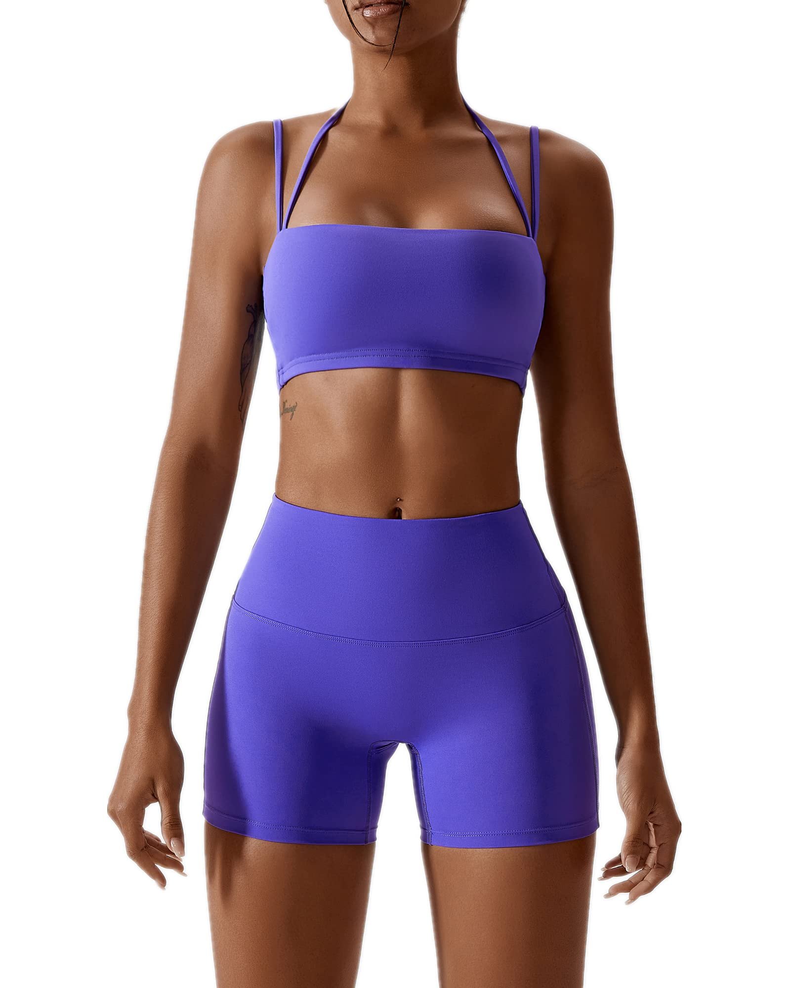 ABOCIW Workout Sets for Women 2 Piece Twist Front Halter Sports Bras High Waist Biker Shorts Exercise Gym Yoga Outfit - Product Image