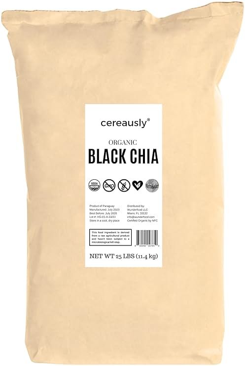 Organic Black Chia Seeds 25 lb Bulk – High Fiber Omega-3 Superfood, Non-GMO, Gluten Free, Vegan, Kosher, Whole Chia Seeds for Smoothies, Chia Pudding & Baking – Cereausly - Product Image