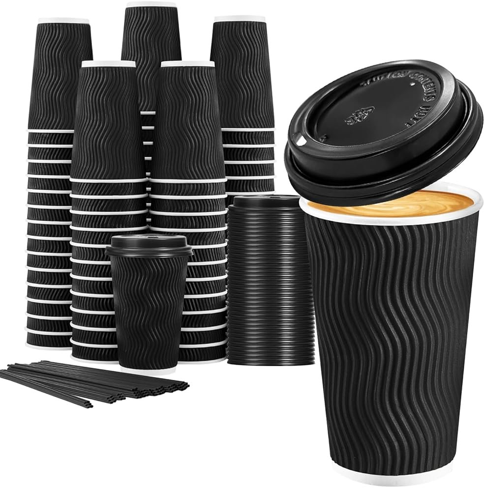 Lamosi 16 oz Disposable Coffee Cups with Lids, 50 Pack Insulated Hot Cups To Go Paper Coffee Cups with Lids and Straws, Corrugated Ripple Wall Cup for Hot Drink, Office, Coffee Bar (Black) - Product Image