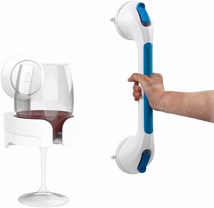 TAILI Shower Grab Bar with Wine Glass Holder for Shower, Suction Cup Grab Bars for Bathtubs and Showers Removable Heavy Duty Shower Grab Bars for Seniors and Elderly, Strong Hold Suction No Drilling - Product Image