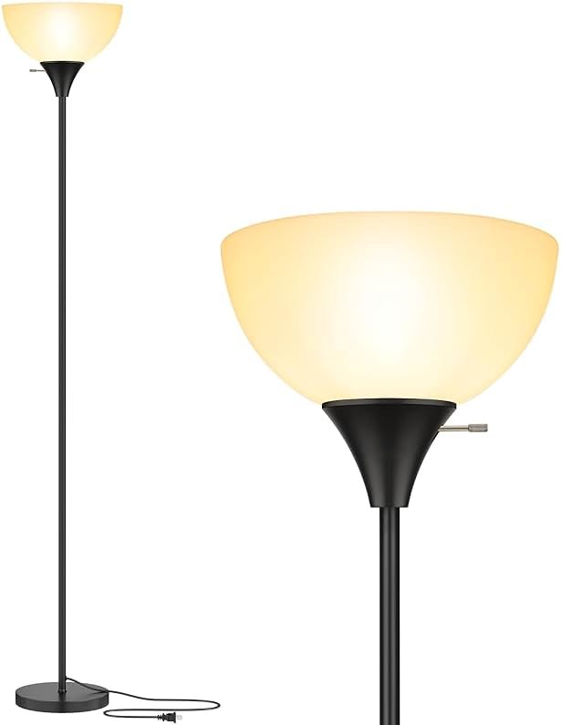 Coucrek Floor Lamp, LED Standing Lamps with White Plastic Shade, Black Modern Torchiere Floor Lamp, Tall Lamps for Living Room Dorm, Bulb not Included - Product Image