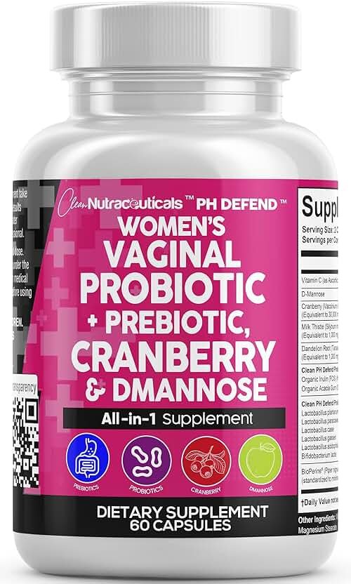 Clean Nutraceuticals Vaginal Probiotics for Women with Cranberry, D-Mannose, Prebiotics, pH Balance Support, Feminine Health, Urinary Tract Cleanse – Capsule Alternative to Gummies – 60 Count - Product Image
