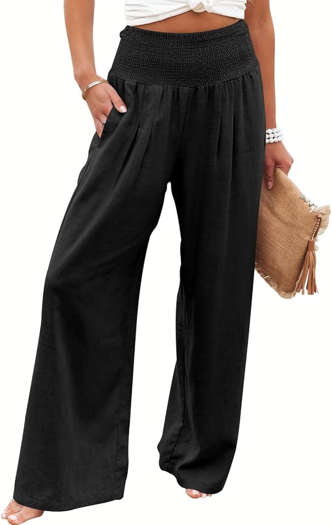 ANRABESS Women Linen Palazzo Pants Summer Boho Wide Leg High Waist Casual Lounge Pant 2026 Beach Travel Vacation Outfits - Product Image