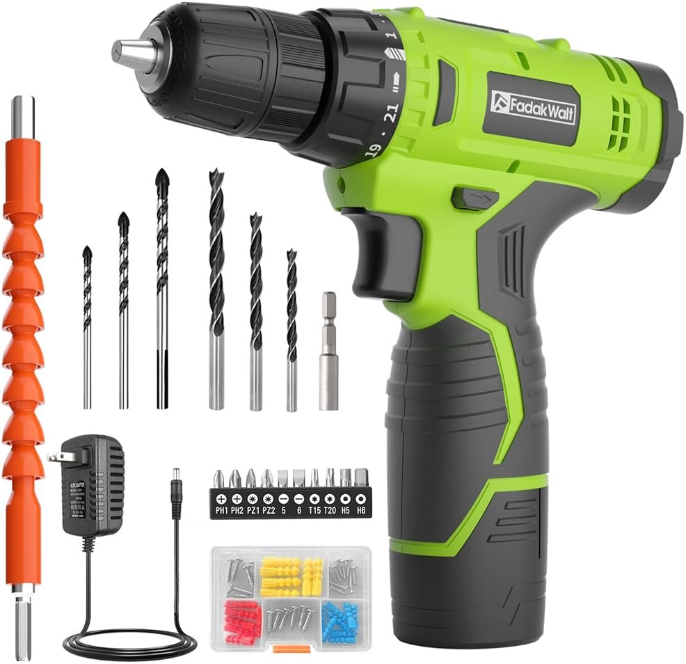 FADAKWALT Cordless Drill Set,12V Power Drill Set with Battery and Charger, Electric Driver/Drill Bits, 3/8'' Keyless Chuck,21+1 Torque Setting, 180 inch-lbs, with LED Electric Drill Set (Green) - Product Image