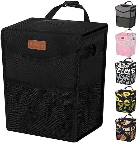 Pritent Car Trash Can with Lid, Cute Leakproof Car Trash Garbage Bag Hanging Vehicle Trash Bin Small Portable Automotive Garbage Cans Organizer for Back/Front Seat/Console(Trapezoid,Black) - Product Image
