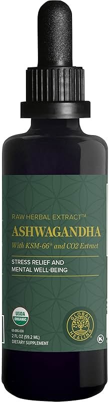 Global Healing Center - Organic Ashwagandha Supplements Drops - KSM-66 Ashwagandha Extra Strength for Men & Women, Helps Promote Relief from Stress, Mood Support, Organic (2 Fl Oz) - Product Image