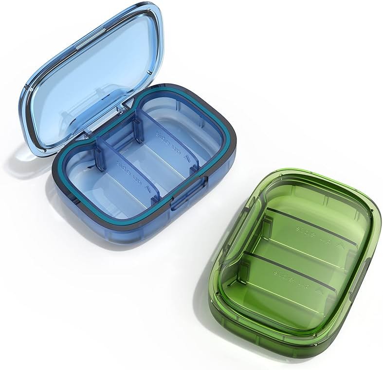 2 Pack 3 Compartment Small Pill Box, Moisture Proof Case, Travel Organizer for Pocket Purse, Daily Portable Medicine Vitamin Container, Fish Oil and Supplement Storage - Product Image
