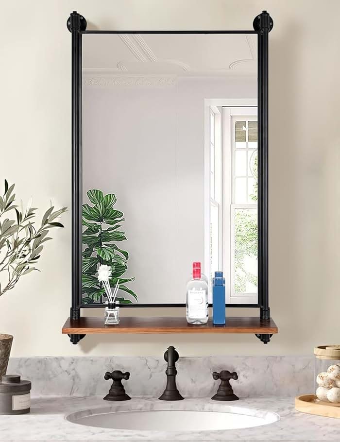 OLDRAINBOW Industrial Pipe Mirror Wood Shelves,Bedroom Mirror with Shelf,Rectangle Iron Wall Mirrors for Living Room Bedroom(34.6 x 23.6 in) - Product Image
