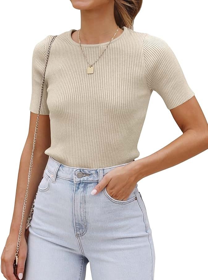 ZESICA Women's Short Sleeve Sweater Tops 2026 Summer Crewneck T Shirt Ribbed Knit Slim Fit Basic Solid Color Tee - Product Image