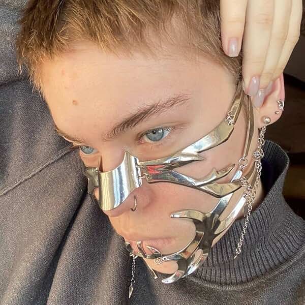 CyberPunk Cyborg Masquerade Mask, Half Face Mardi Gras Mask Metal Mask Liquid Irregular Fluid Face for women - Product Image