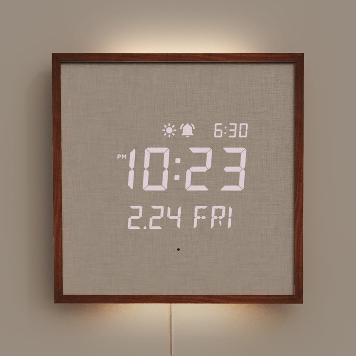 mooas Wooden Frame LED Silent Wall Clock with Remote, Backlit Nightlight, Modern Digital LED Wall Clock Display Sunrise Alarm Melody 5 Brightness for Bedroom Living Room (Wooden Frame Dark Brown) - Product Image