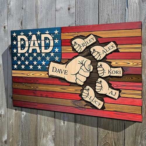 Personalized gift for Dad Papa Grandpa wooden sign, Dad gifts from kids flag Independence day home decor, Fist bump Daddy and Kids wooden plaque, Hands flag 4th of july sign, Fathers day decorations - Product Image