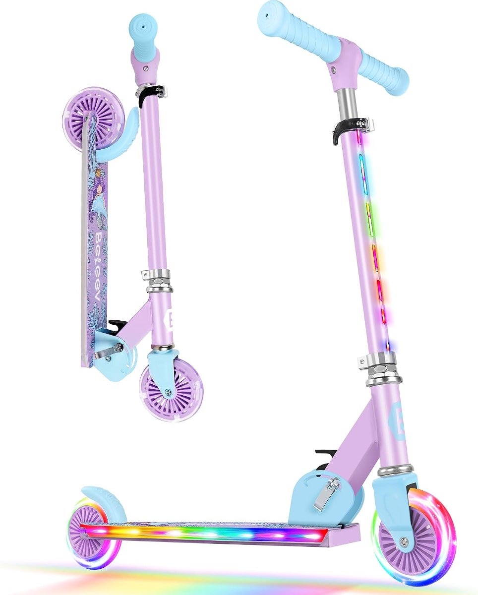 BELEEV V2 Scooters for Kids with Light-Up Wheels & Stem & Deck, 2 Wheel Folding Scooter for Girls Boys, 3 Adjustable Height, Non-Slip Pattern Deck, Lightweight Kick Scooter for Children Ages 3-12 - Product Image
